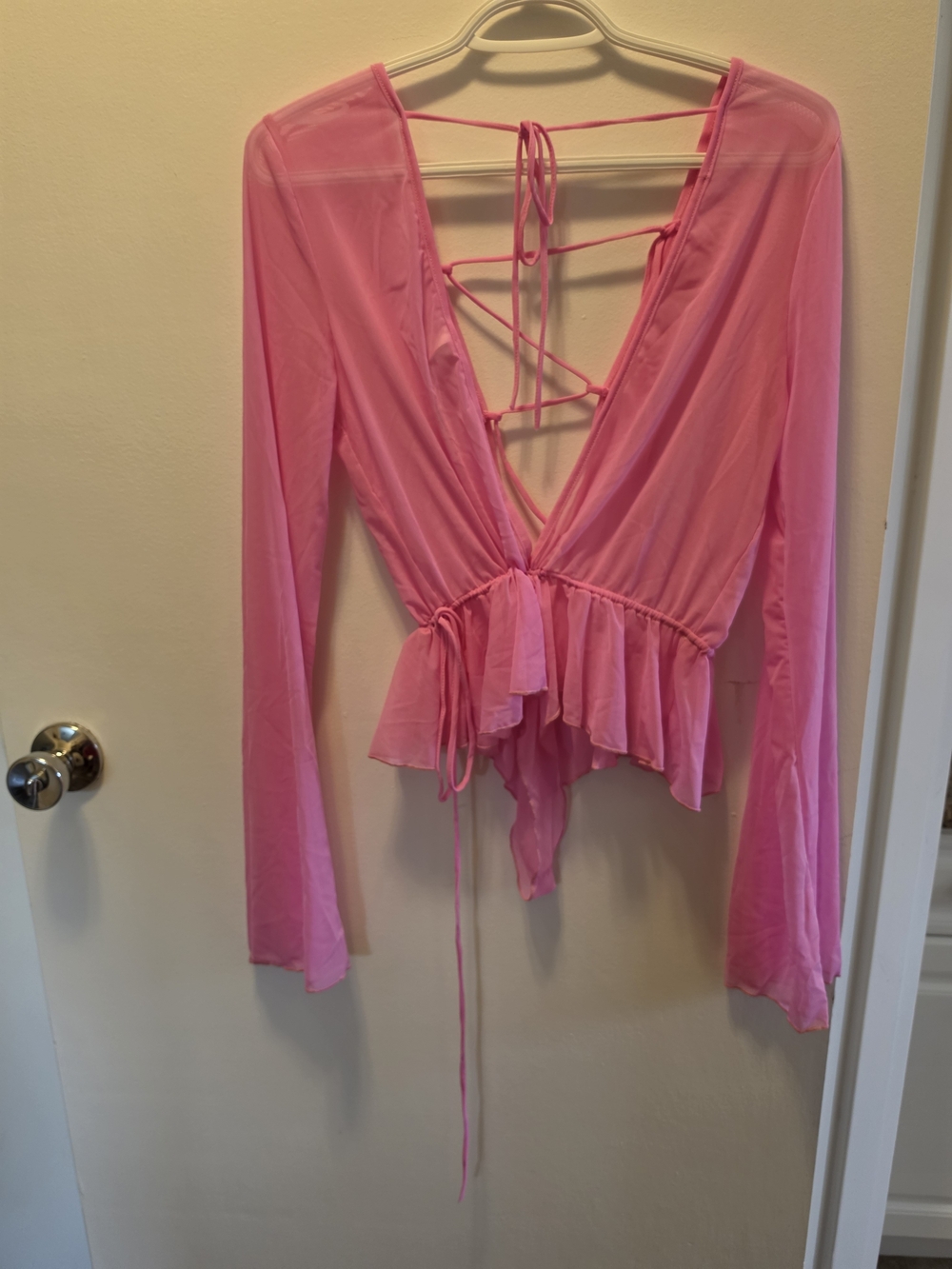Women's Pink Sheer Lace-Back Peplum Jumpsuit Romper Top